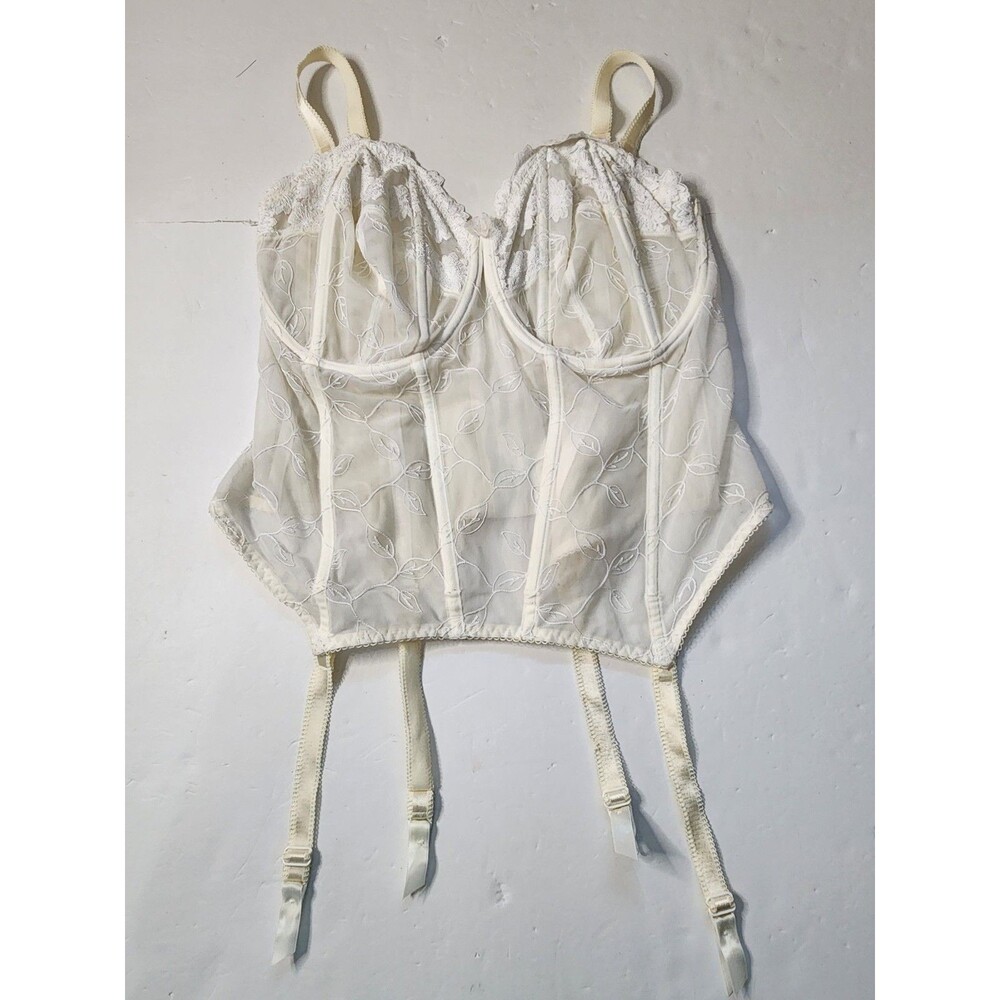 Elomi Underwire Basque Womens 38G Ivory Sheer Corset Garter Straps Longline Bra